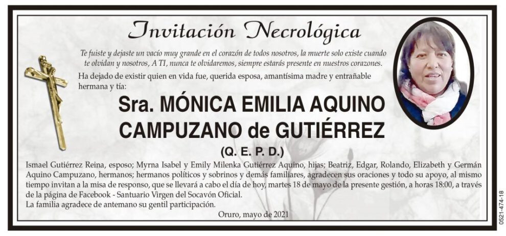 Invitación Necrológica de Mónica Emilia Aquino Campuzano