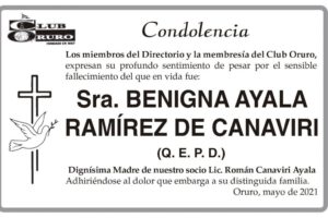 Condolencia por el fallecimiento de Benigna Ayala Ramírez de Canaviri