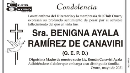 Condolencia por el fallecimiento de Benigna Ayala Ramírez de Canaviri