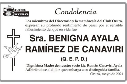 Condolencia por el fallecimiento de Benigna Ayala Ramírez de Canaviri