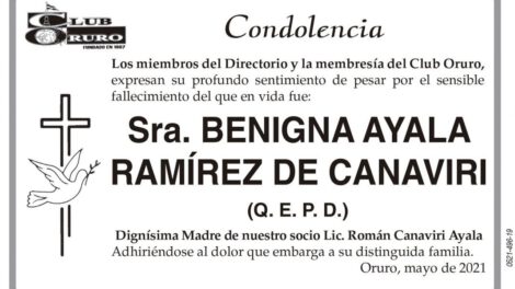 Condolencia por el fallecimiento de Benigna Ayala Ramírez de Canaviri