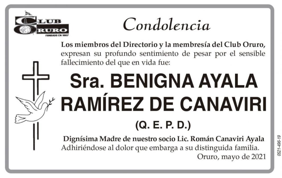Condolencia por el fallecimiento de Benigna Ayala Ramírez de Canaviri