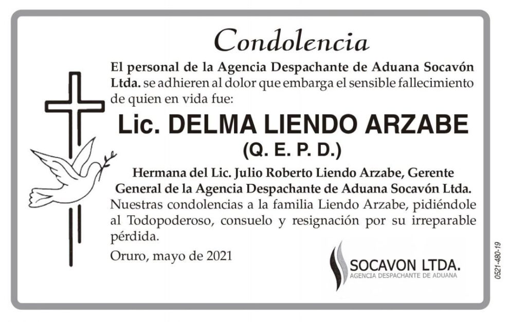 Condolencia por el fallecimiento de Lic. Delma Liendo Arzabe