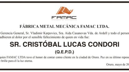 Necrológico de Cristóbal Lucas Condori