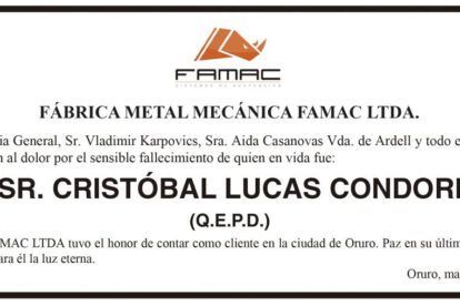 Necrológico de Cristóbal Lucas Condori