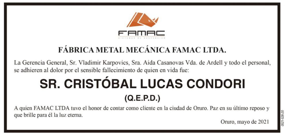 Necrológico de Cristóbal Lucas Condori