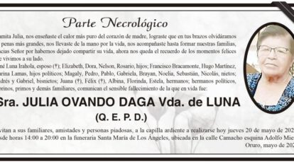 Parte Necrológico de Julia Ovando Daga
