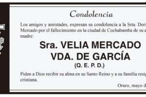Condolencia por el fallecimiento de Velia Mercado Vda. de García