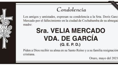 Condolencia por el fallecimiento de Velia Mercado Vda. de García
