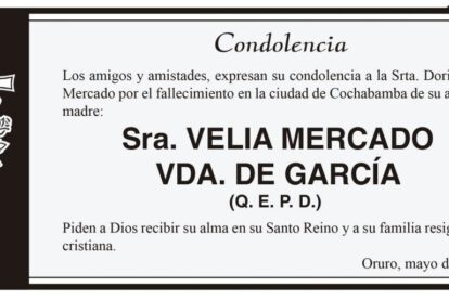 Condolencia por el fallecimiento de Velia Mercado Vda. de García