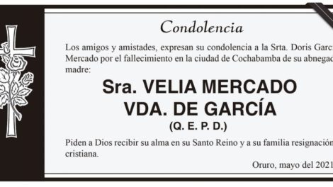 Condolencia por el fallecimiento de Velia Mercado Vda. de García