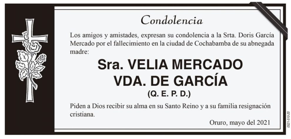 Condolencia por el fallecimiento de Velia Mercado Vda. de García