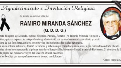 Agradecimiento e Invitación Religiosa: Ramiro Miranda Sánchez