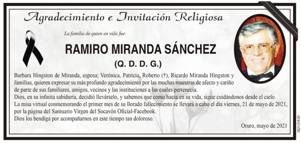 Agradecimiento e Invitación Religiosa: Ramiro Miranda Sánchez