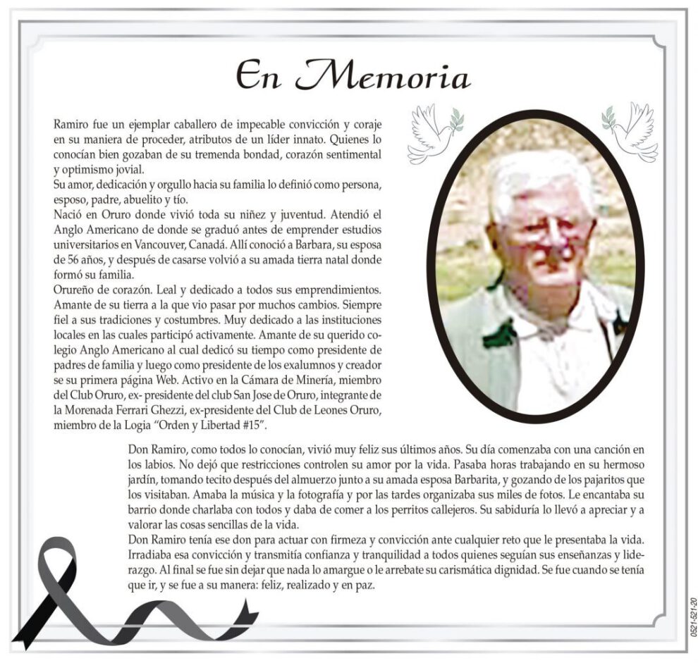 Obituario de Ramiro, un líder ejemplar de Oruro