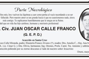 Parte Necrológico de Ing. Civ. JUAN OSCAR CALLE FRANCO