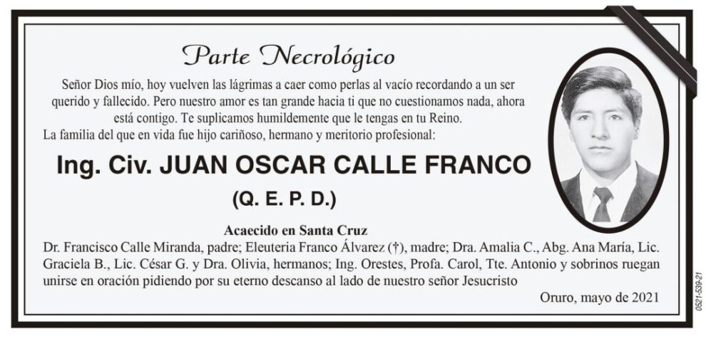 Parte Necrológico de Ing. Civ. JUAN OSCAR CALLE FRANCO