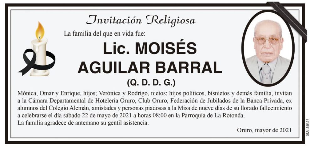 Invitación Religiosa para Lic. Moisés Aguilar Barral