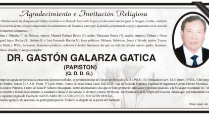 Agradecimiento e Invitación Religiosa: Dr. Gastón Galarza Gatica