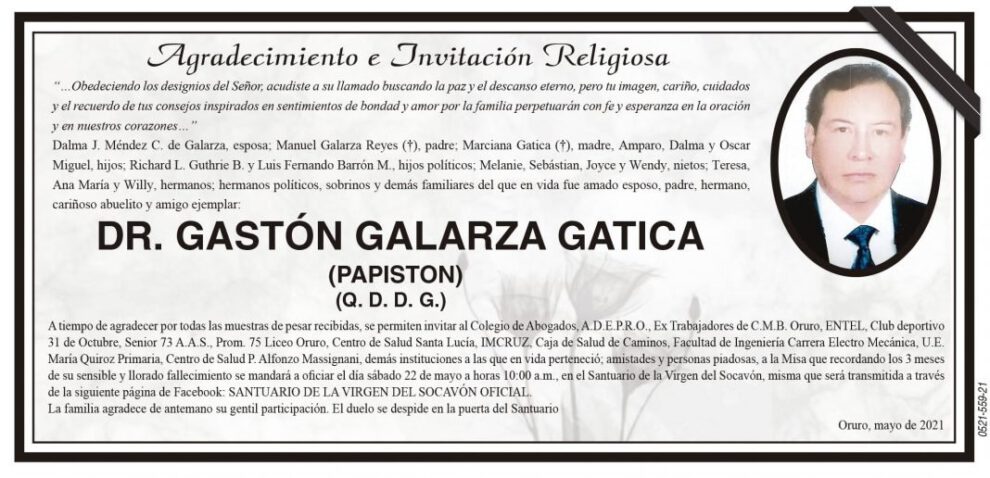 Agradecimiento e Invitación Religiosa: Dr. Gastón Galarza Gatica