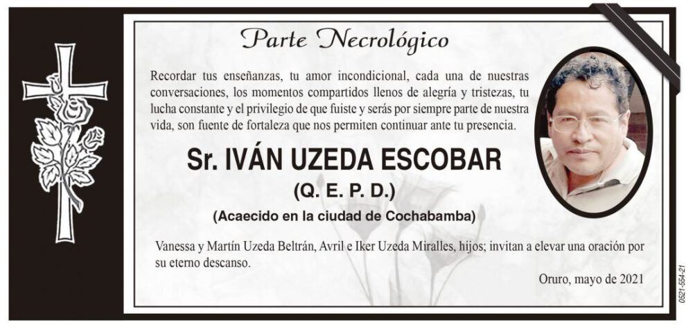 Parte Necrológico de Iván Uzeda Escobar