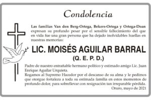 Condolencia por el fallecimiento de Lic. Moisés Aguilar Barral