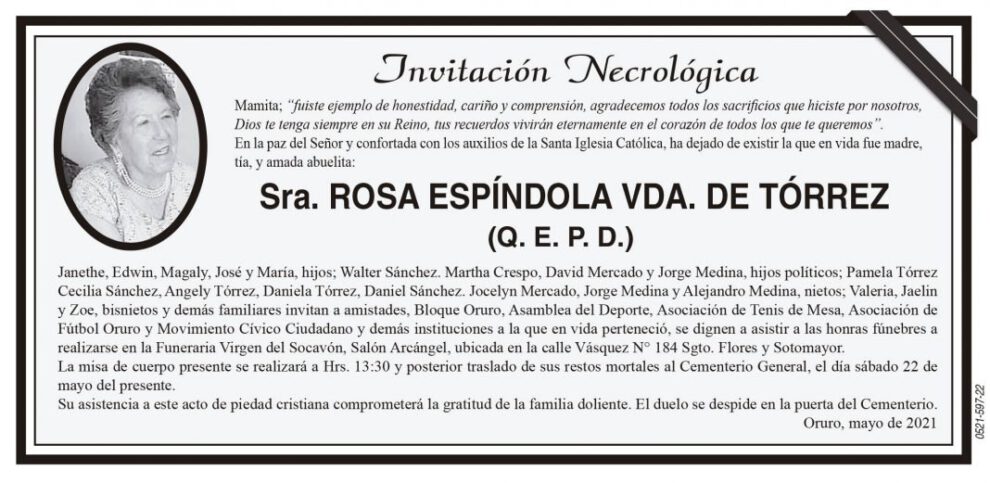 Necrológica Rosa Espíndola Vda. de Tórrez