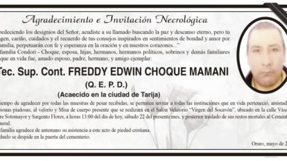 Agradecimiento e Invitación Necrológica por Freddy Edwin Choque Mamani
