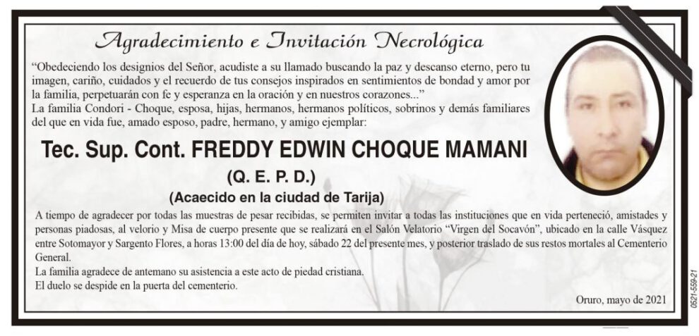 Agradecimiento e Invitación Necrológica por Freddy Edwin Choque Mamani