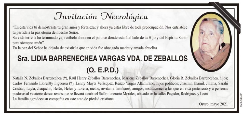 Invitación Necrológica de Lidia Barrenechea Vargas