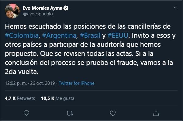 Fraude electoral en Bolivia según Evo Morales