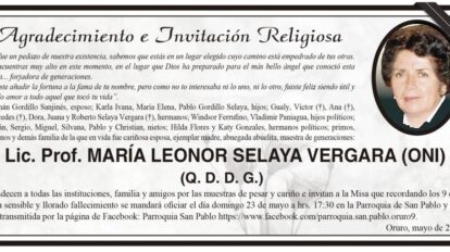 Agradecimiento por Lic. Prof. María Leonor Selaya Vergara