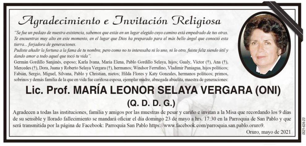 Agradecimiento por Lic. Prof. María Leonor Selaya Vergara