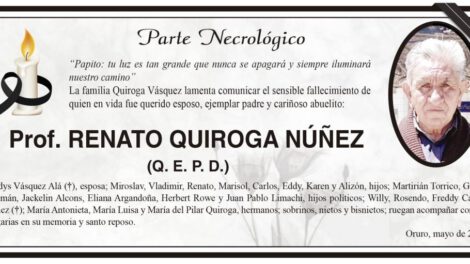 Parte Necrológico de Prof. Renato Quiroga Núñez