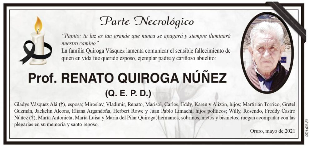 Parte Necrológico de Prof. Renato Quiroga Núñez