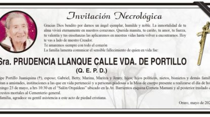 Necrológica Prudencia Llanque Calle Vda. de Portillo
