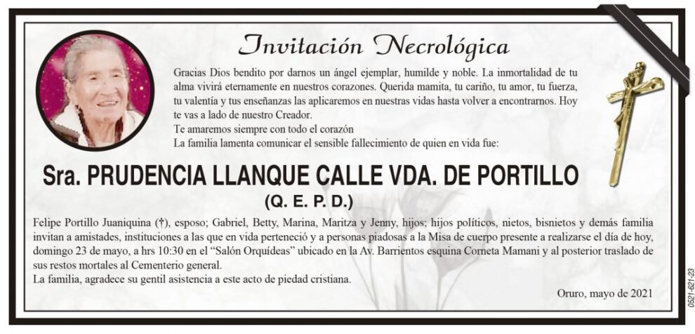 Necrológica Prudencia Llanque Calle Vda. de Portillo