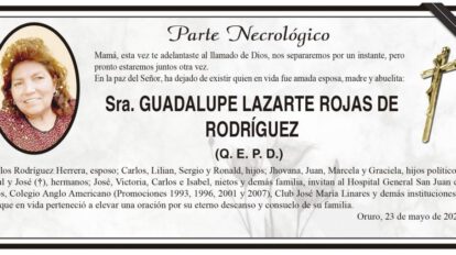 Parte Necrológico de Guadalupe Lazarate Rojas de Rodríguez