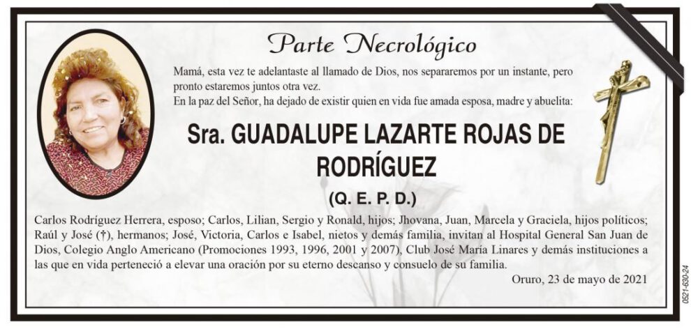 Parte Necrológico de Guadalupe Lazarate Rojas de Rodríguez