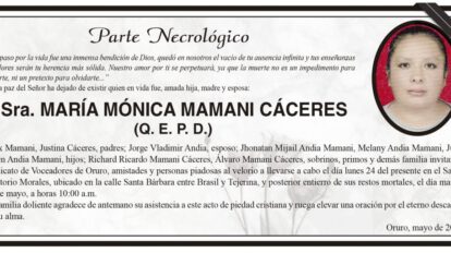 Parte Necrológico de Sra. María Mónica Mamani Cáceres
