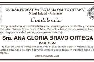 Condolencia por el fallecimiento de Ana Gloria Bravo Ortega