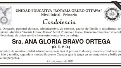 Condolencia por el fallecimiento de Ana Gloria Bravo Ortega