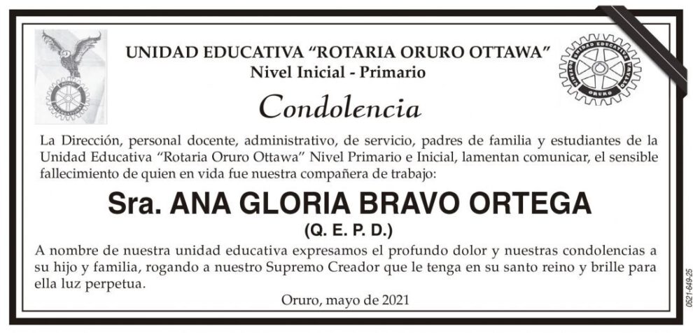 Condolencia por el fallecimiento de Ana Gloria Bravo Ortega