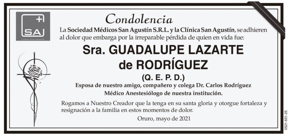 Condolencia por la Sra. Guadalupe Lazarate de Rodríguez