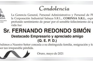 Condolencia por el fallecimiento de Fernando Redondo Simón