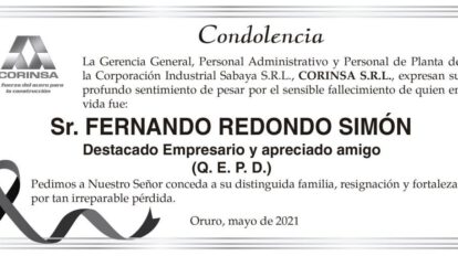 Condolencia por el fallecimiento de Fernando Redondo Simón