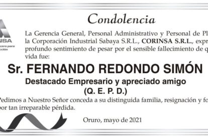 Condolencia por el fallecimiento de Fernando Redondo Simón