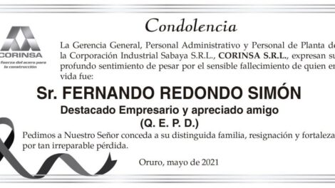 Condolencia por el fallecimiento de Fernando Redondo Simón