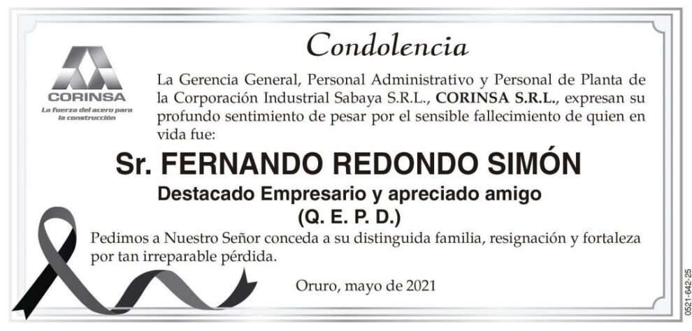 Condolencia por el fallecimiento de Fernando Redondo Simón