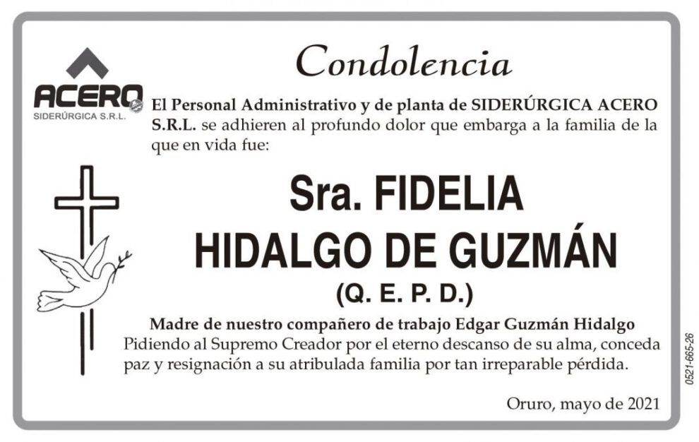 Condolencia por la Sra. Fidelia Hidalgo de Guzmán